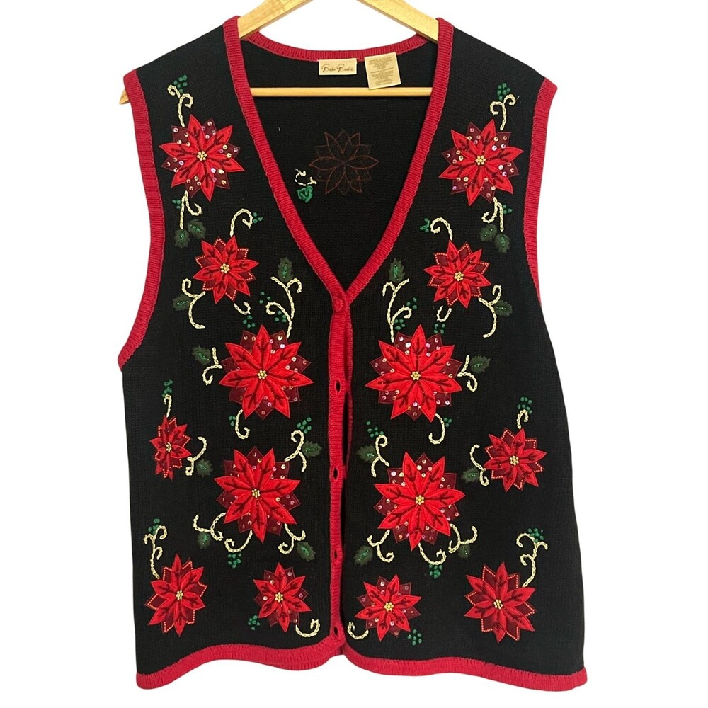 Vintage Bobbie Brooks Christmas Poinsettia Sweater Vest Women's XL Embroidered.